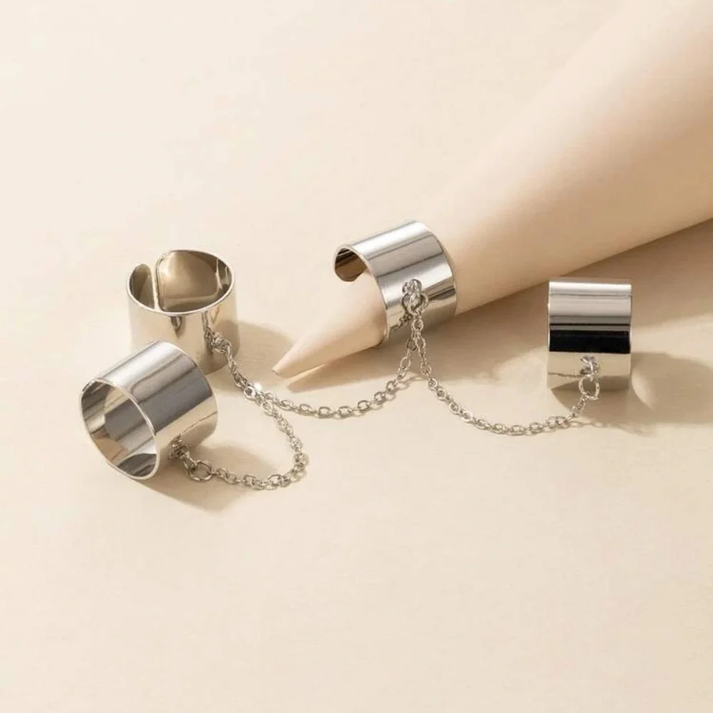 New Silver Stainless Steel Boheme Minimalist 4pcs Cuff Ring With Chain